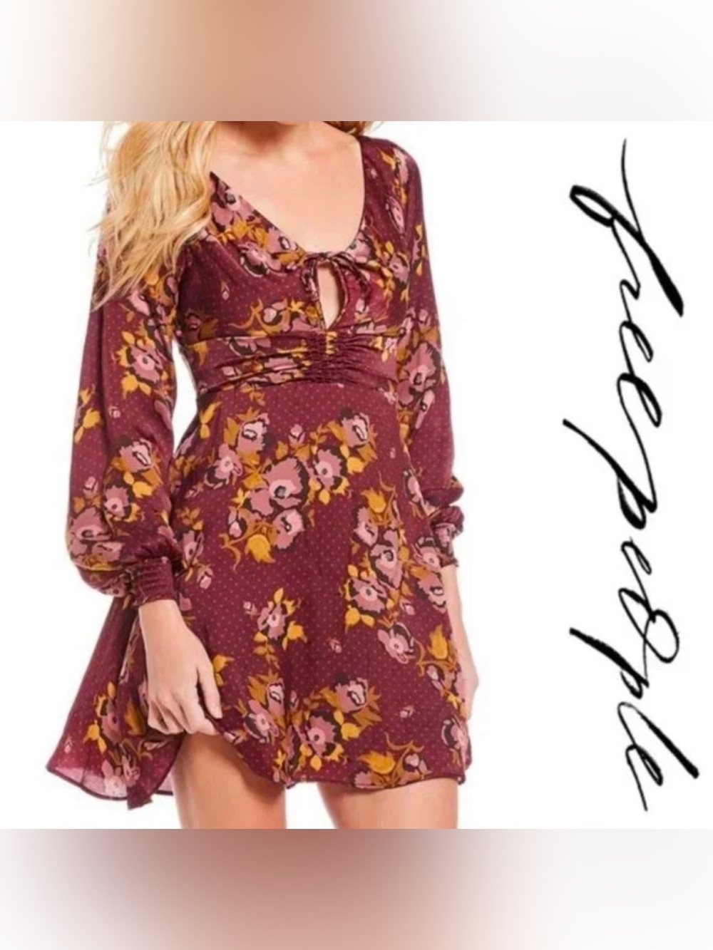 Free People Morning Light Floral Print Bishop
Sleeve Mini Dress Size‎ 4 Burgundy